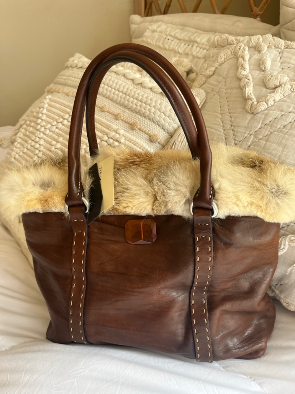 NWT Falor Handbag Genuine Leather Fox fur Greece Italy - Picture 4 of 11